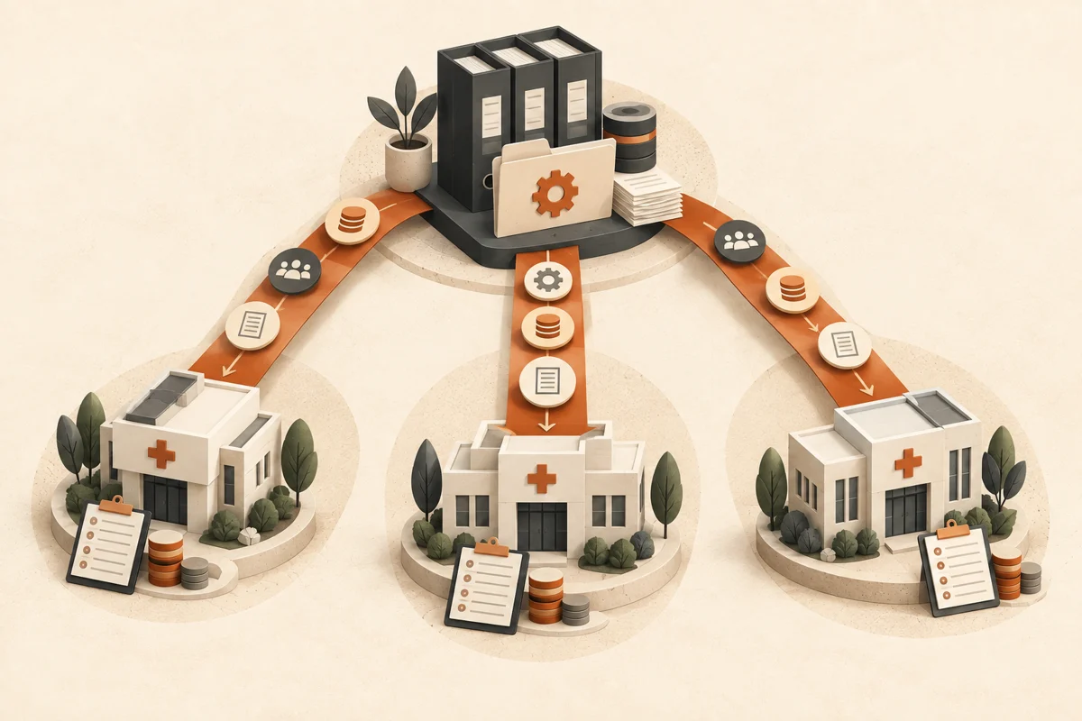 Conceptual illustration of shared administrative costs connected to separate clinic ledgers through documented allocation paths.