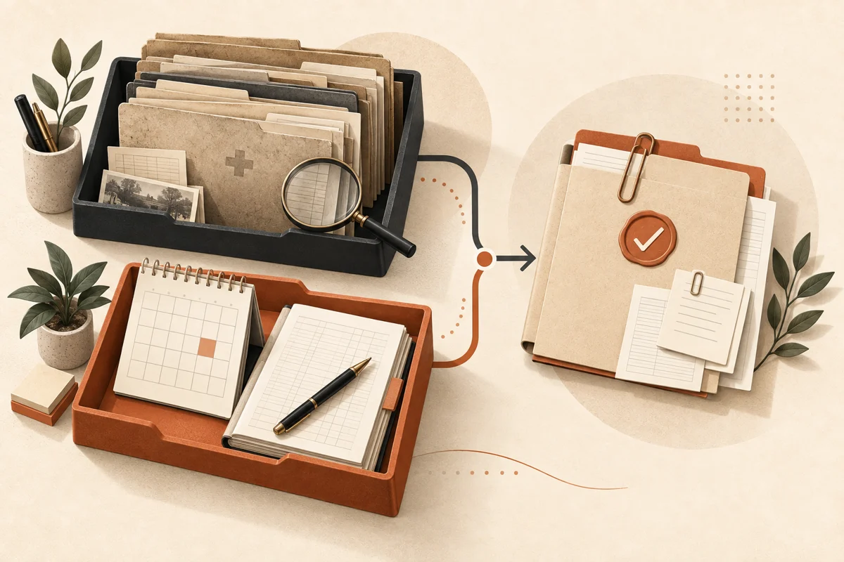 Conceptual illustration of historical cleanup and current bookkeeping kept in separate work trays and joined through a documented handoff.
