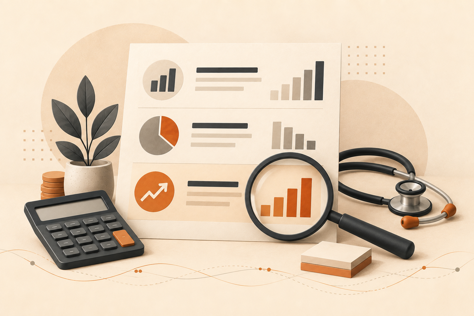 Financial statement, calculator and stethoscope illustrating a medical practice profit and loss review.