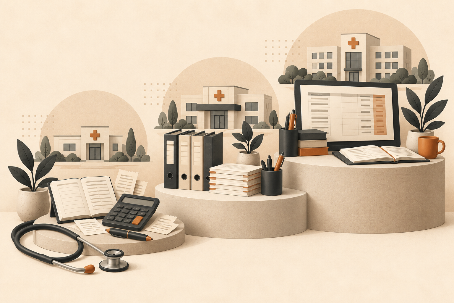 Growing medical-practice buildings with accounting tools illustrating the need for broader financial support.