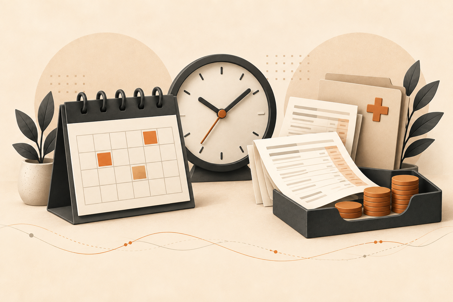 Calendar, clock and billing records illustrating medical-practice collection timing.