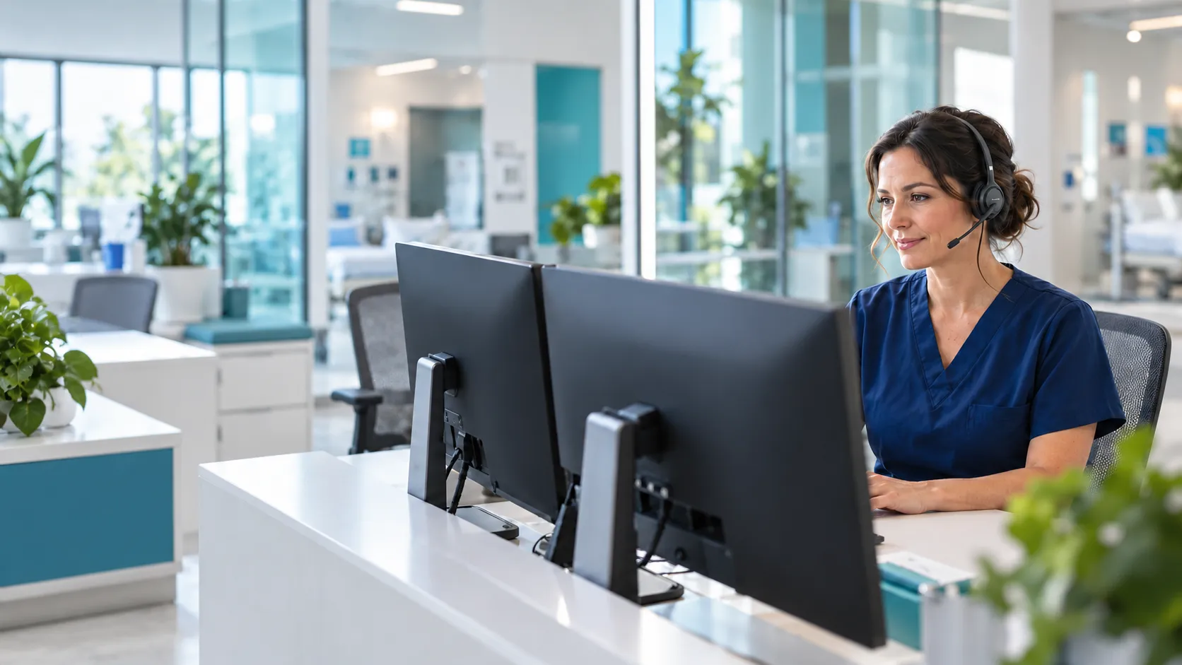 A licensed nurse reviews AI informed care at a modern clinical workstation.