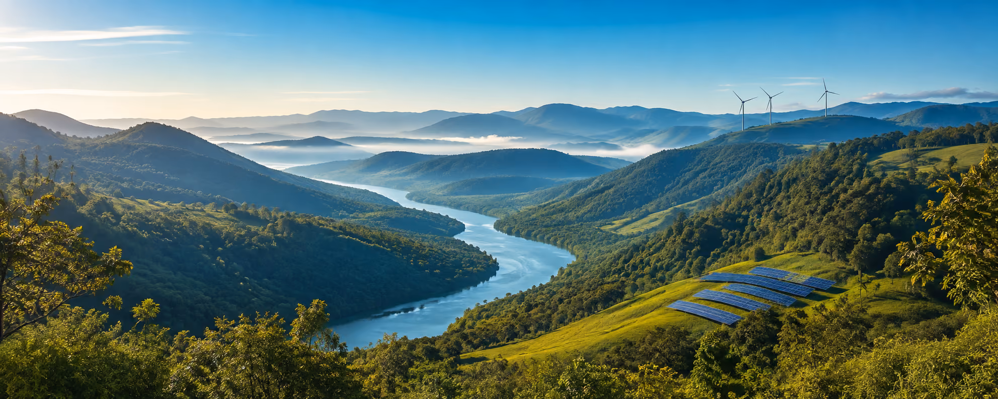 Lush green mountain valley with a river, solar panels and distant wind turbines