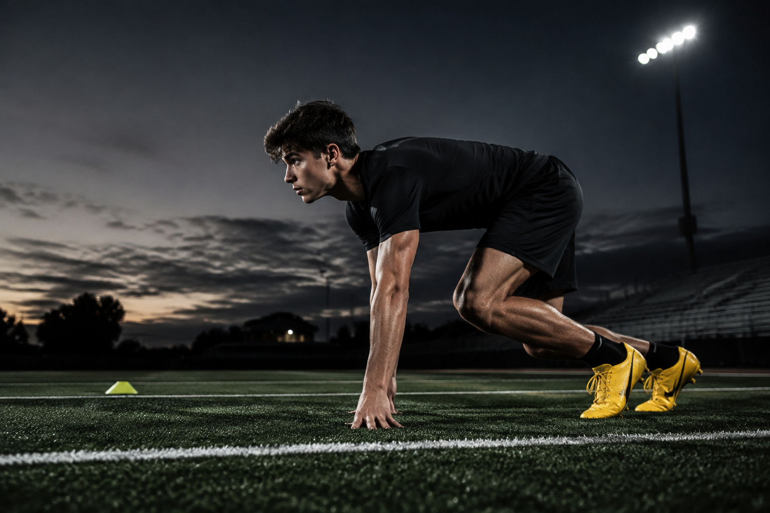Illustrative combine campaign: a young athlete at the sprint starting line