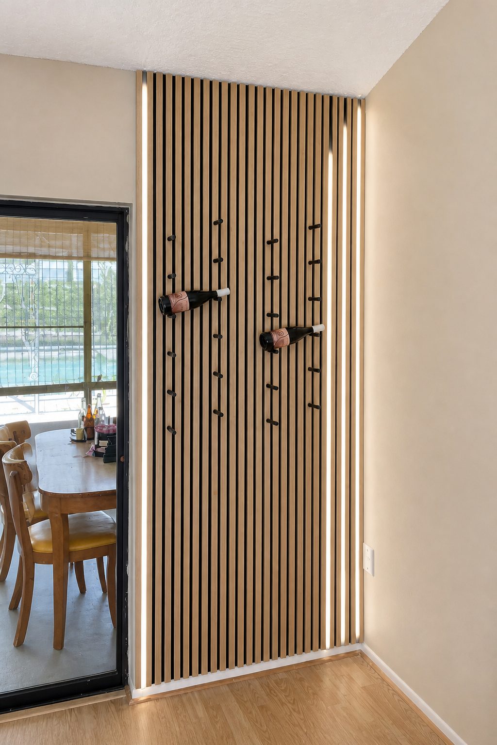 Oak slat wall detail with integrated vertical LED lighting