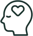 Outline of a human head with a heart shape inside the brain area, symbolizing self-love or mental well-being.