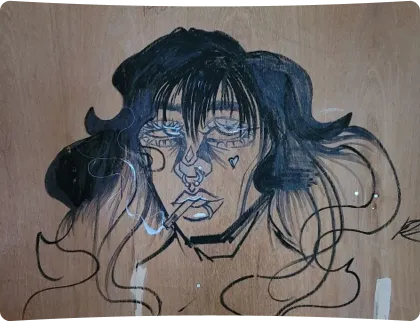 Street art style drawing of a woman with flowing hair and tired eyes, smoking a cigarette, with a small heart tattoo under her left eye, on a wooden surface.