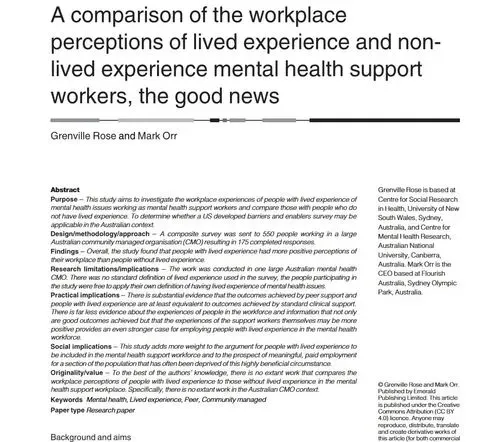 Research article titled 'A comparison of the workplace perceptions of lived experience and non-lived experience mental health support workers, the good news' by Grenville Rose and Mark Orr, with abstract summarizing the study purpose, design, practical implications, social implications, originality, keywords, and author affiliation at Centre for Social Research in Health, University of New South Wales, Australia.