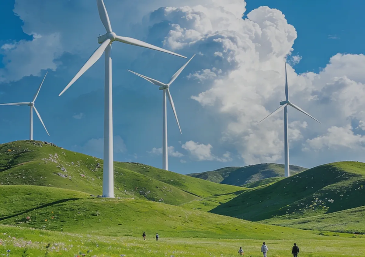 Wide landscape of green rolling hills with several large white wind turbines under a partly cloudy blue sky, with five people walking in the grassy foreground.