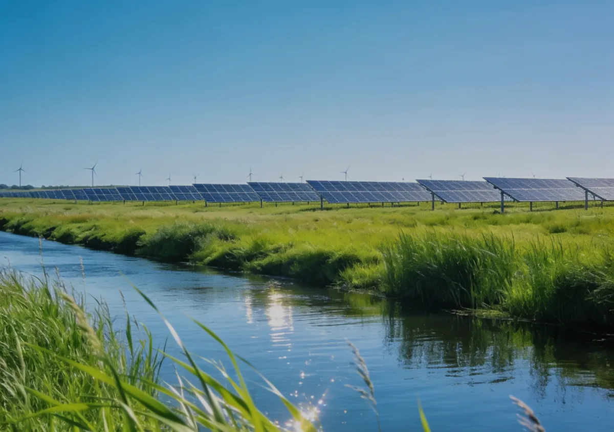 A solar panel array alongside a narrow waterway with green grass and wind turbines in the distance under a clear blue sky.