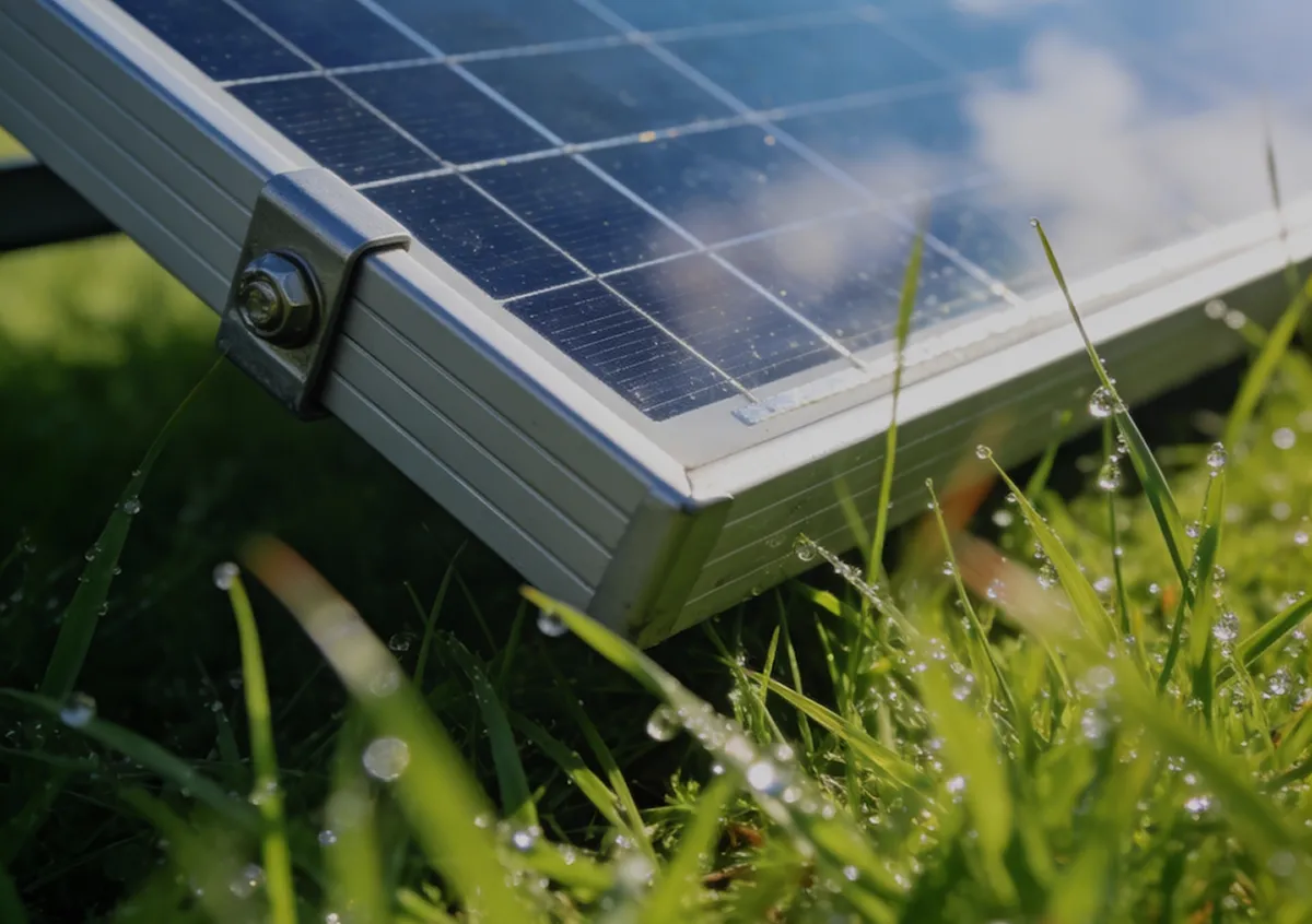 Close-up of a solar panel corner with metal frame and bolt, placed on green grass with dewdrops reflecting sunlight.