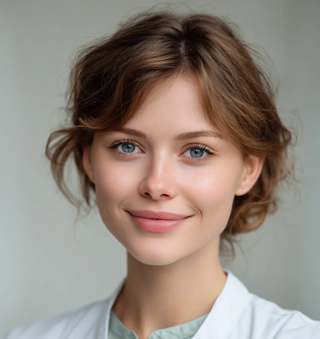 Close-up portrait of a young woman with light brown hair, blue eyes, and a gentle smile, wearing a white coat and a light green top, against a plain neutral background.