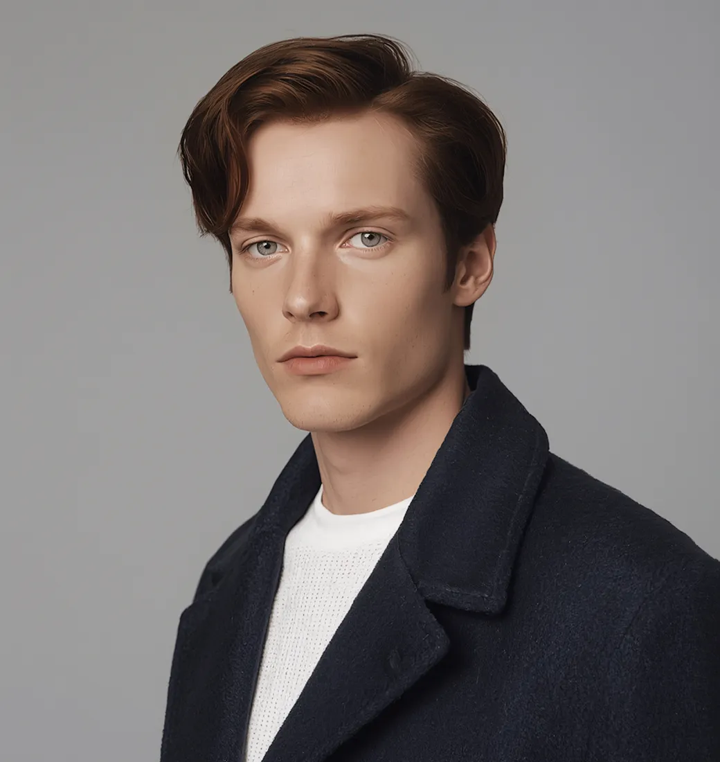 Young man with light skin and light blue eyes, wearing a white shirt and dark coat, against a gray background.