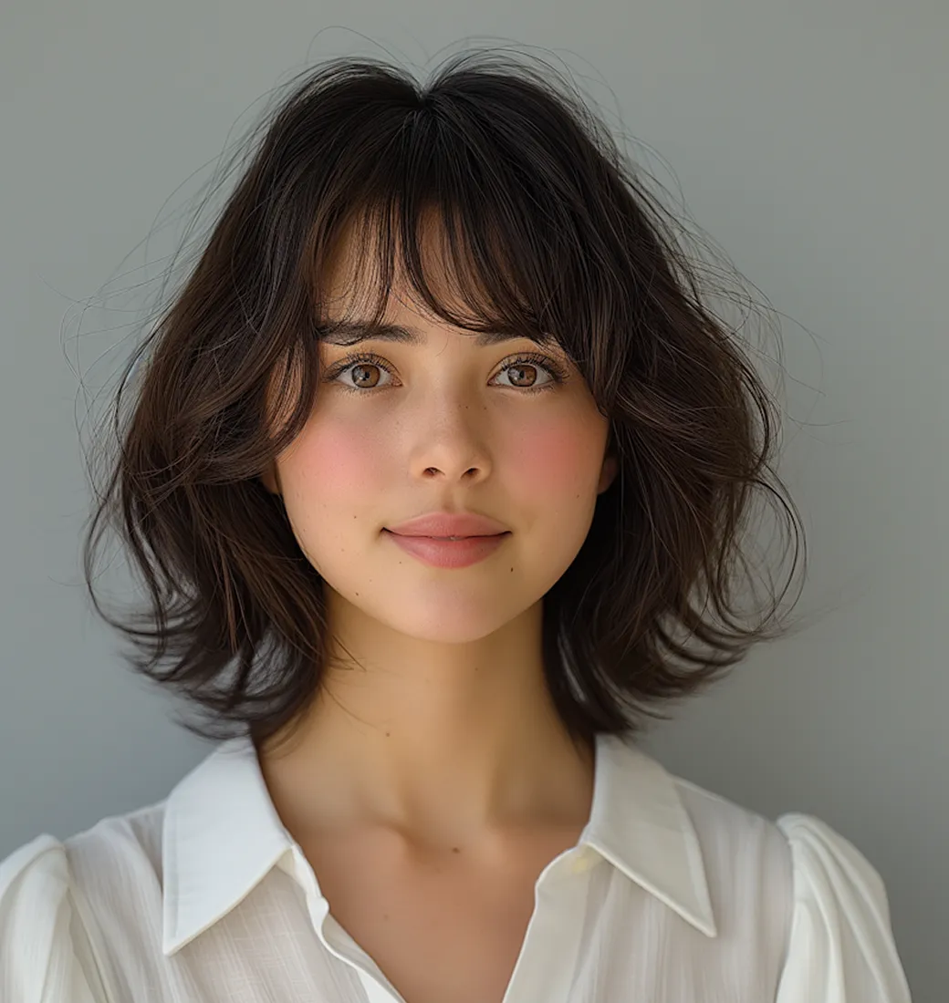 Close-up portrait of a young woman with shoulder-length dark wavy hair and light brown eyes, wearing a white blouse, against a plain gray background.