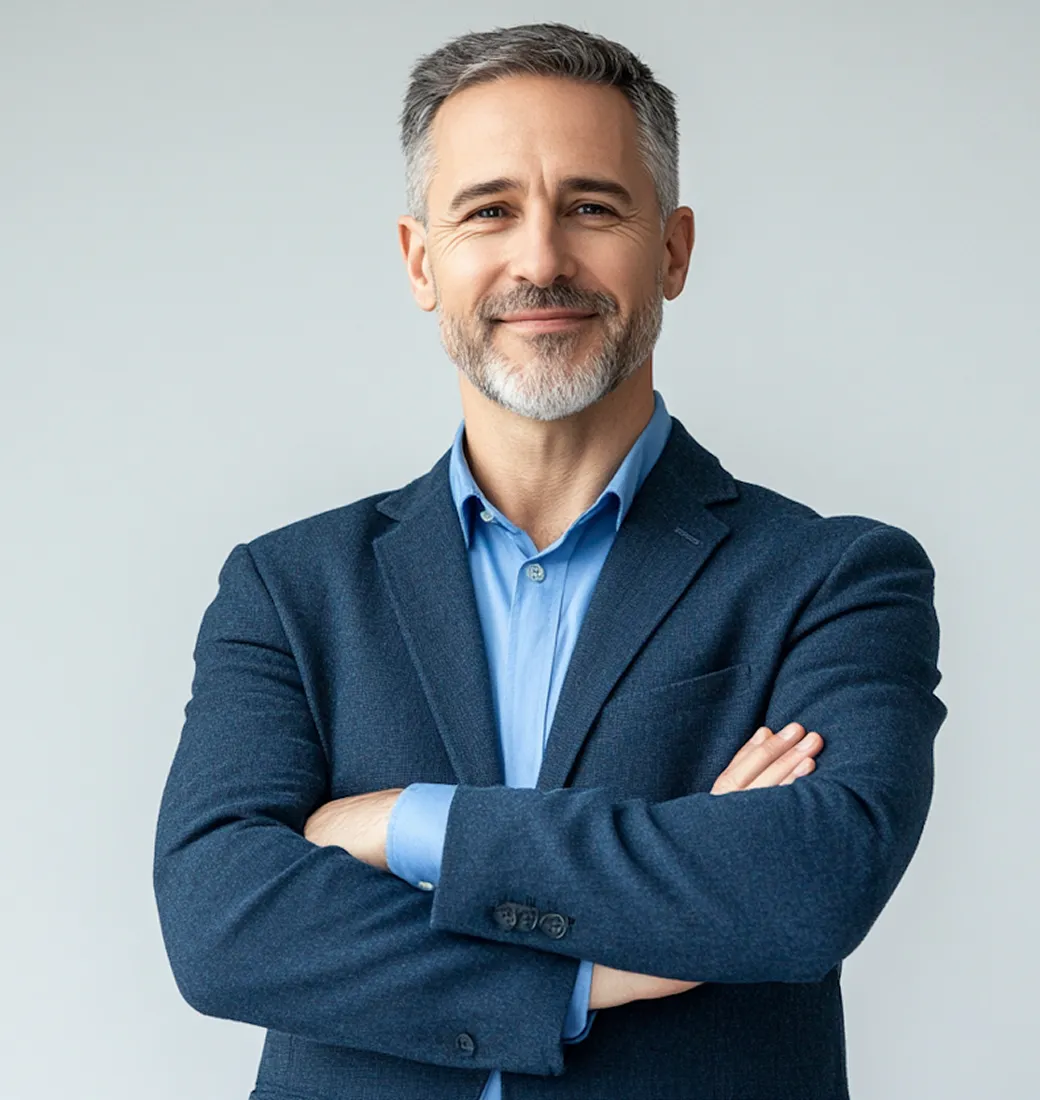 Middle-aged man with gray hair and beard, wearing a blue blazer over a light blue shirt, standing with his arms crossed and smiling confidently against a plain light gray background.