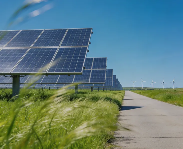 Rows of solar panels installed alongside a paved road in a green grassy field under a clear blue sky, with wind turbines visible in the distance.