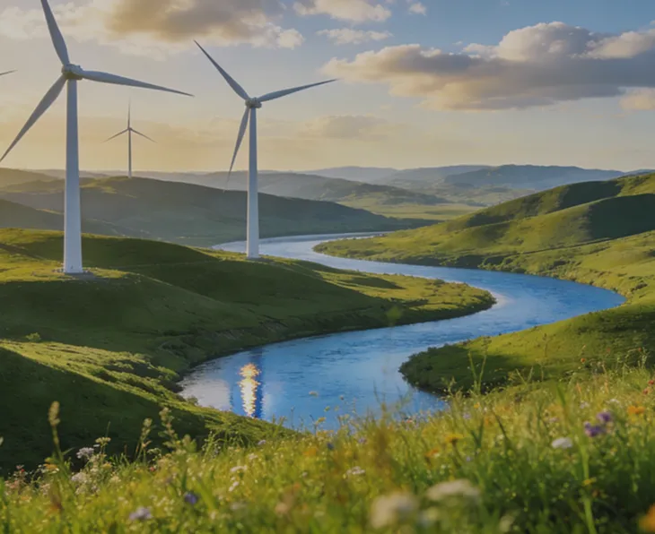Curving river flowing through green rolling hills with wind turbines standing along the hillsides under a partly cloudy sky at sunset.