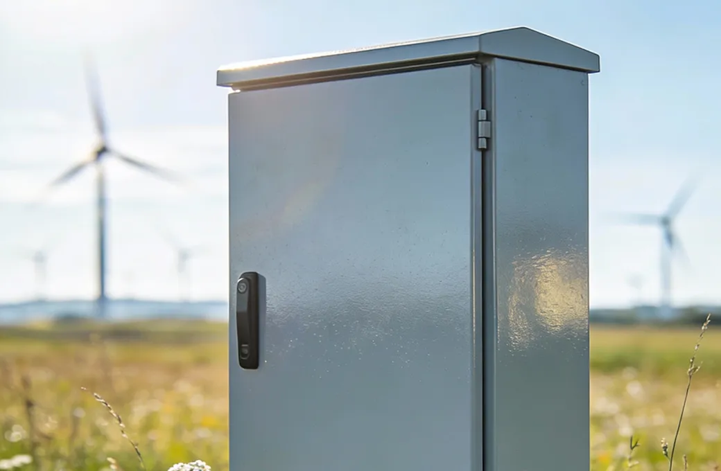 Gray metallic electrical cabinet with a black handle on the door standing in a grassy field with multiple blurred wind turbines in the background under a clear sky.