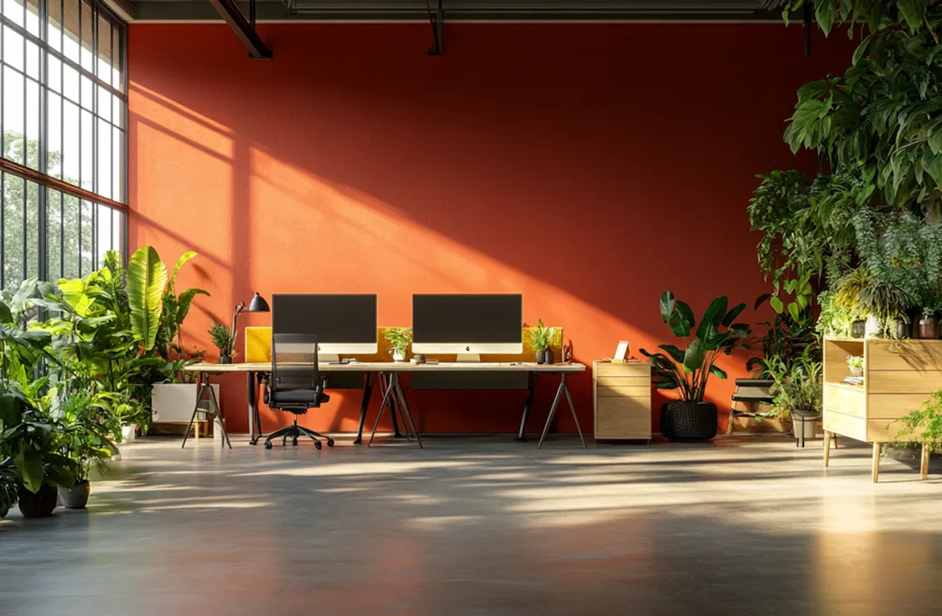Bright modern office space with large floor-to-ceiling windows letting in sunlight, a red-orange wall, two computer desks with monitors and chairs, and an abundance of green plants along the sides.