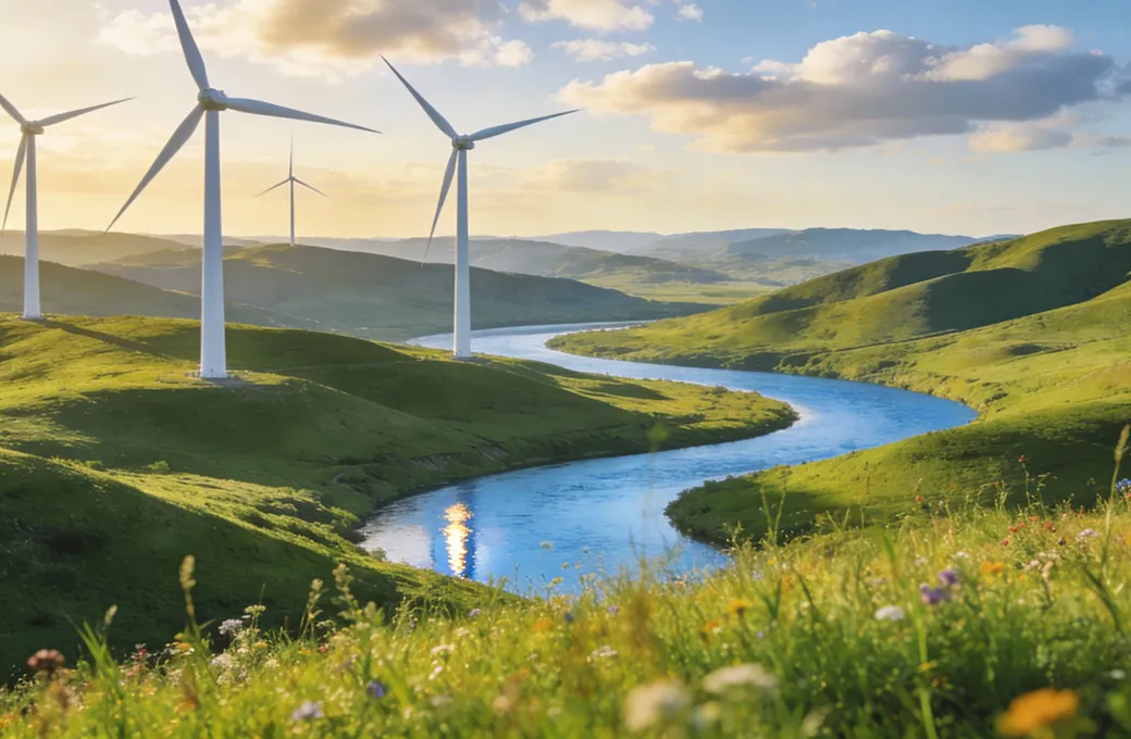 Curving river flowing through green hills with wind turbines on the left side under a partly cloudy sky at sunset or sunrise.