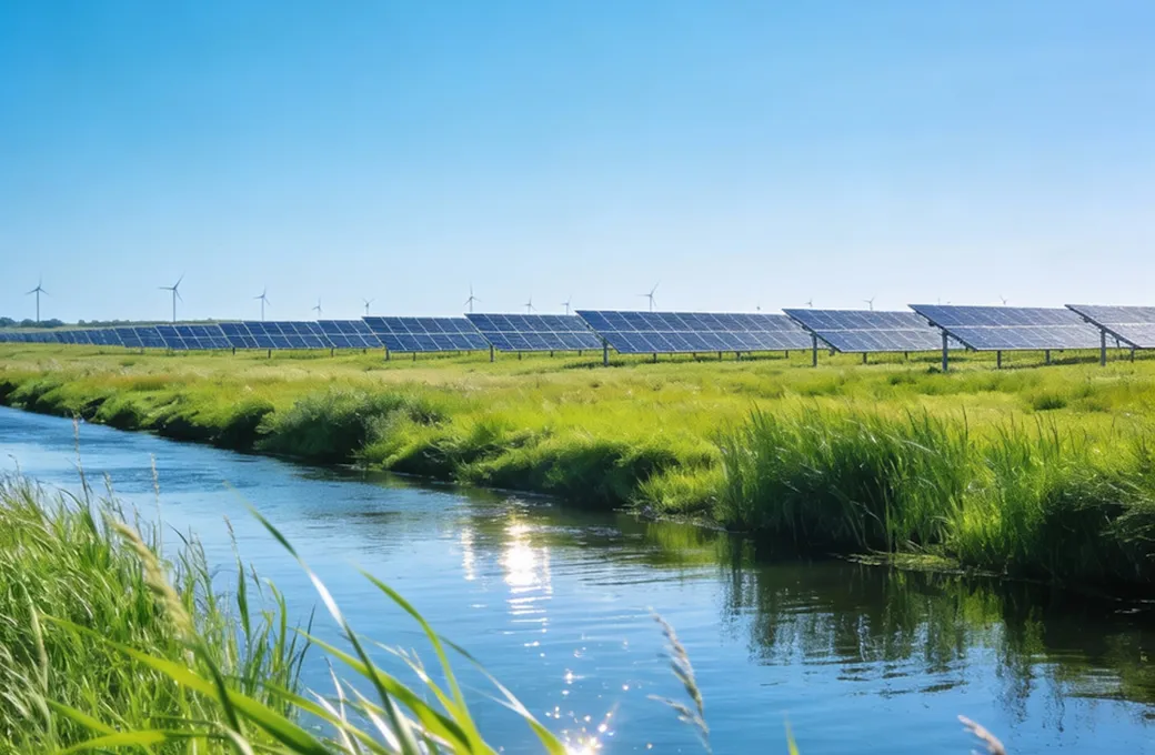 Solar panels installed in a green field next to a calm water canal under a clear blue sky, with wind turbines visible in the distance.