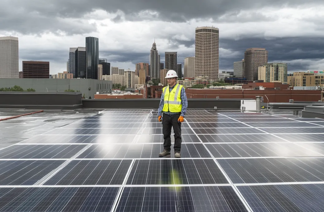 Worker in a white hard hat, yellow safety vest, blue plaid shirt, and orange gloves standing on a roof covered with solar panels, with a city skyline under cloudy sky in the background.