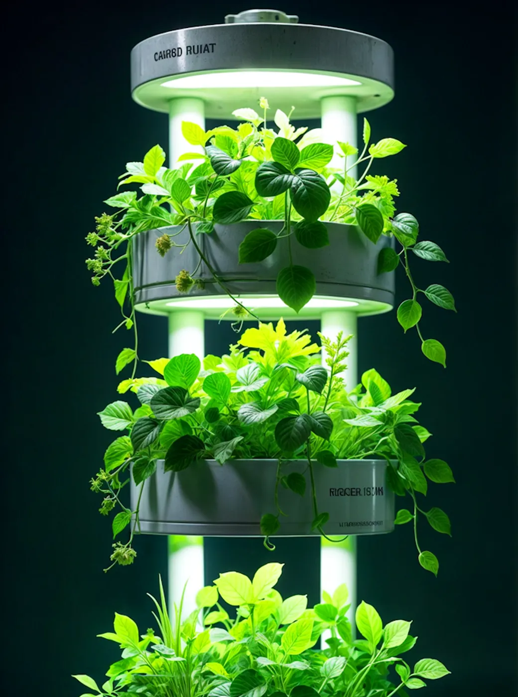 Three levels of green leafy plants growing in circular gray planters with vertical supports and bright white grow lights illuminating the plants against a dark background.