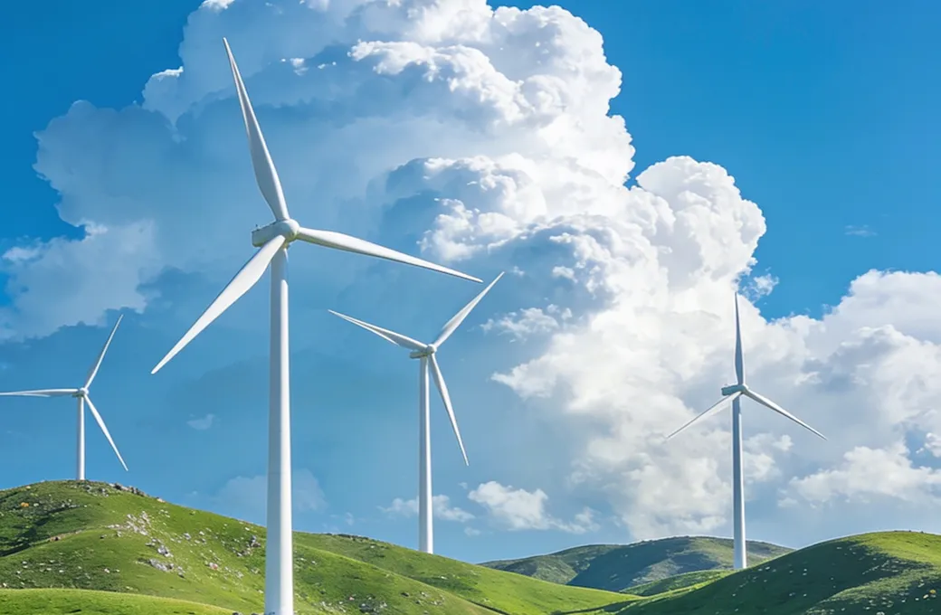 Several white wind turbines with three blades each on green grassy hills under a blue sky with large fluffy white clouds.