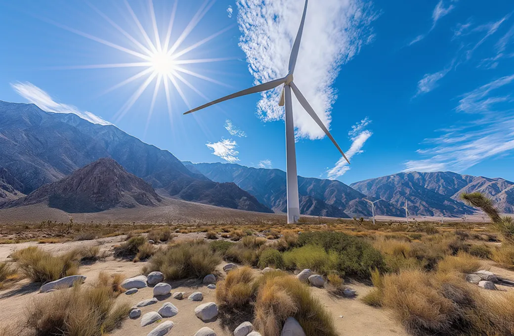 Wind turbines standing on a dry grassy desert landscape with scattered rocks, under a bright sun and a blue sky with wispy clouds, set against mountain ranges in the background.