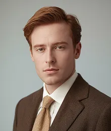 Portrait of a young man with light skin and reddish-brown hair, dressed in a brown suit jacket, light shirt, and patterned beige tie, against a plain light grey background.