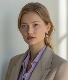 Portrait of a young woman with blonde hair and green eyes wearing a beige blazer over a light purple blouse, standing in soft natural light.