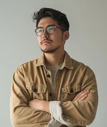 Man with short dark hair, glasses, and a beard wearing a tan jacket and gray shirt, standing with arms crossed against a plain light background.