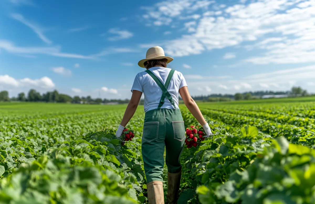 Person wearing a hat, white shirt, green overalls, and gloves walking through a lush green field holding bunches of ripe red strawberries in both hands under a blue sky with scattered clouds.
