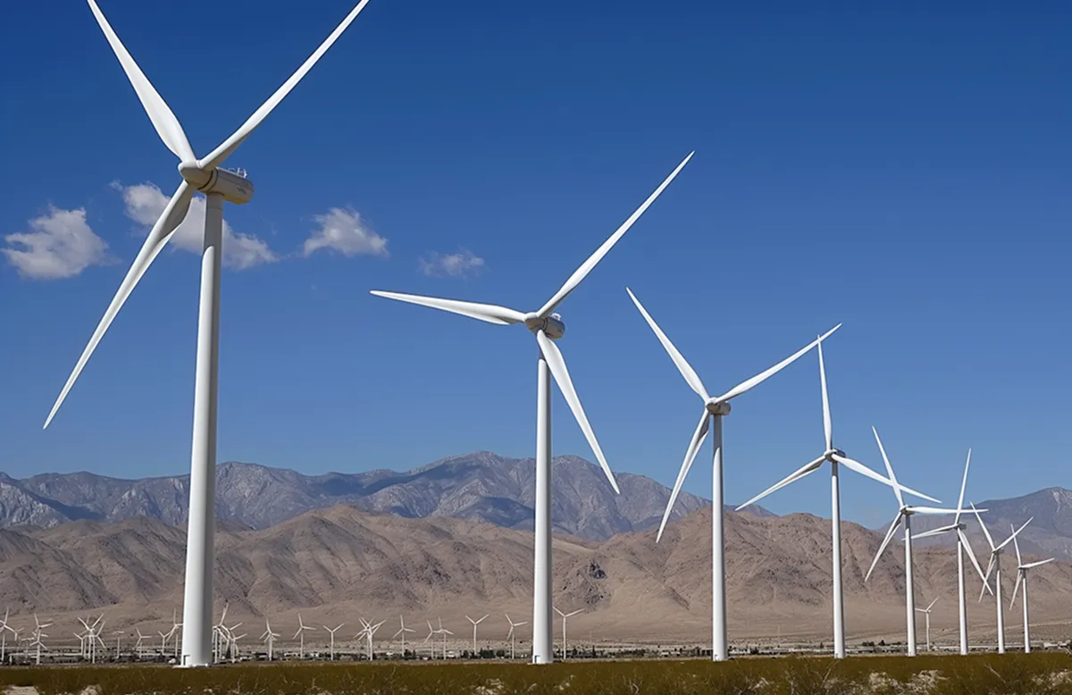 Multiple large white wind turbines in a desert landscape with dry grass foreground and mountain range under a clear blue sky.