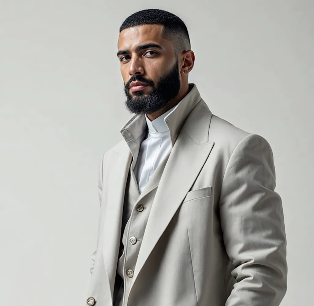 Portrait of a serious bearded man with short hair wearing a beige suit jacket, vest, and white dress shirt with the collar popped, standing against a plain light gray background.