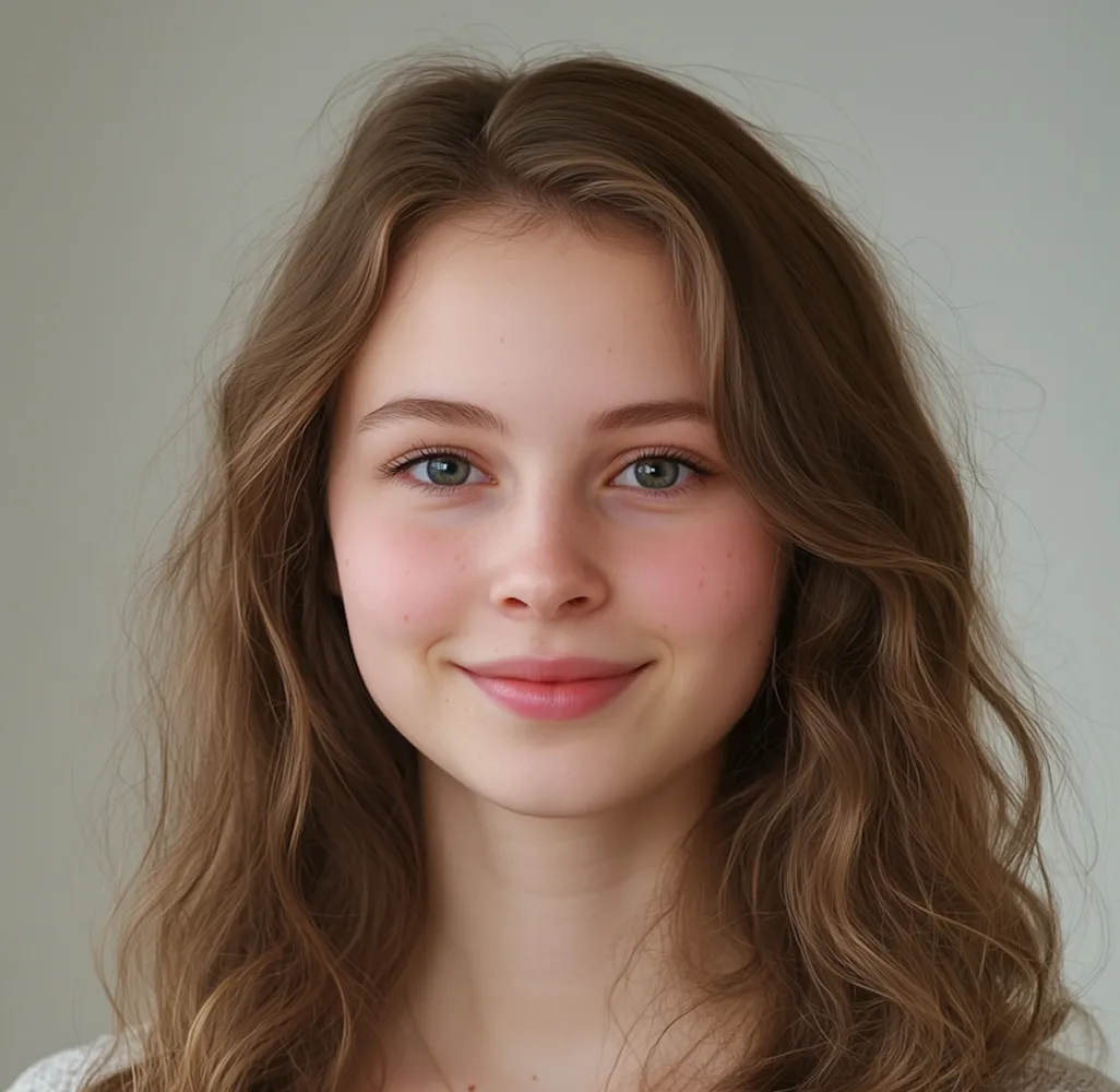 Young woman with long wavy brown hair and green eyes smiling softly against a plain neutral background.