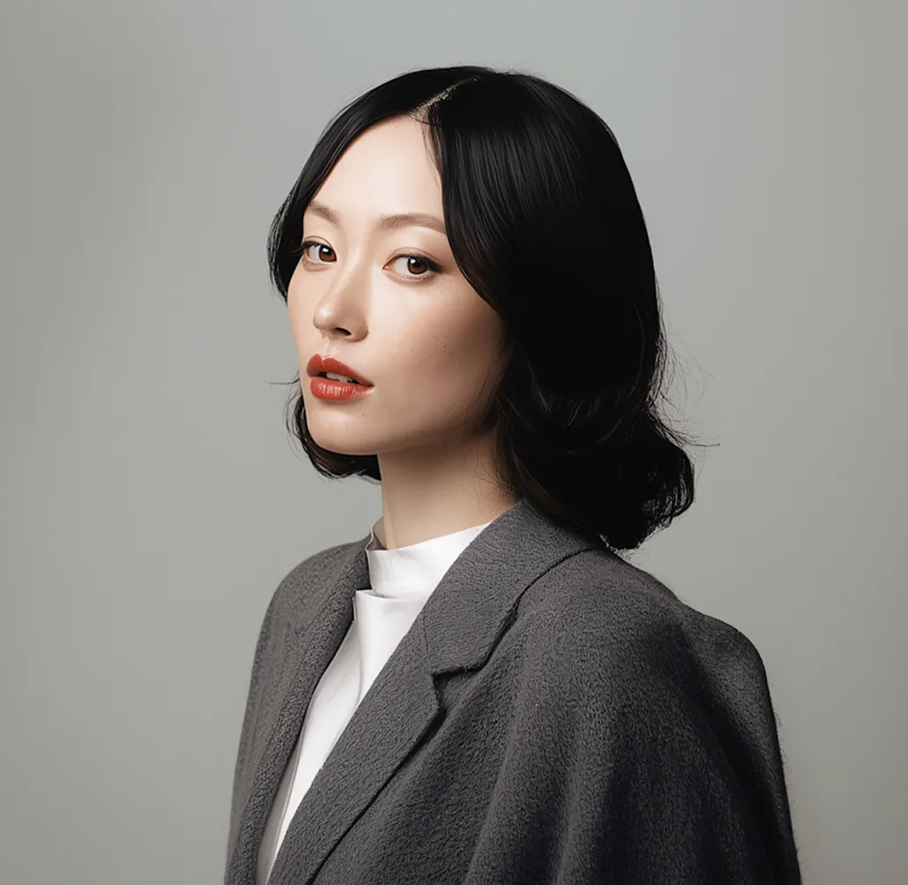 Portrait of a woman with smooth black hair styled in soft waves, wearing a gray textured blazer over a white top, posing against a plain light gray background.