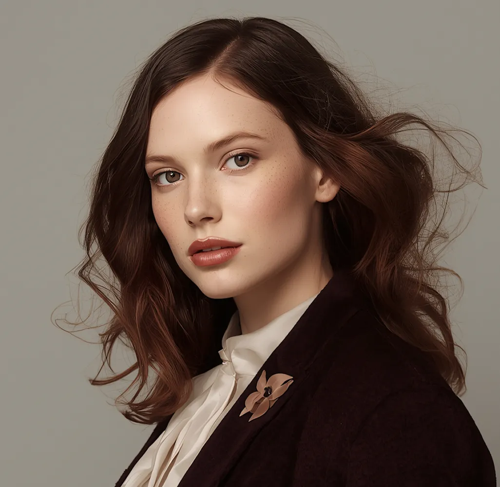 Portrait of a young woman with wavy auburn hair and freckles, wearing a dark jacket with a floral brooch and a white blouse, against a plain gray background.