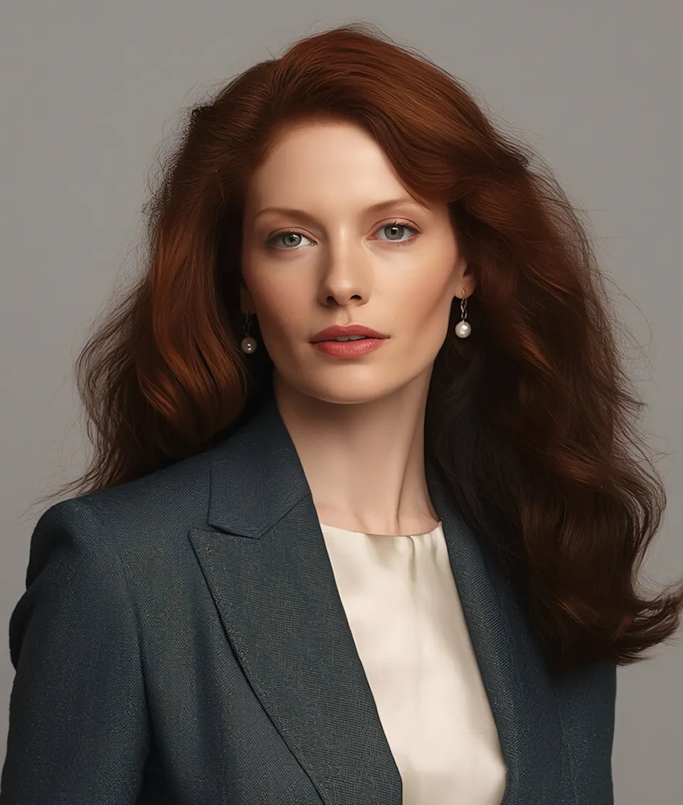 Portrait of a woman with long wavy red hair, wearing pearl earrings, a dark blazer, and a light blouse, against a plain gray background.