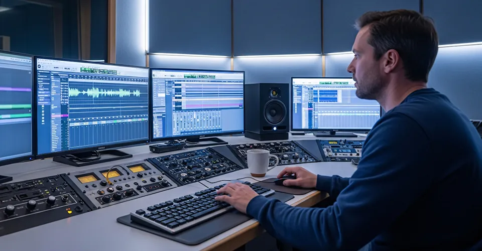 Man working on audio production at a mixing console with three computer monitors displaying audio editing software and sound waveforms in a recording studio.