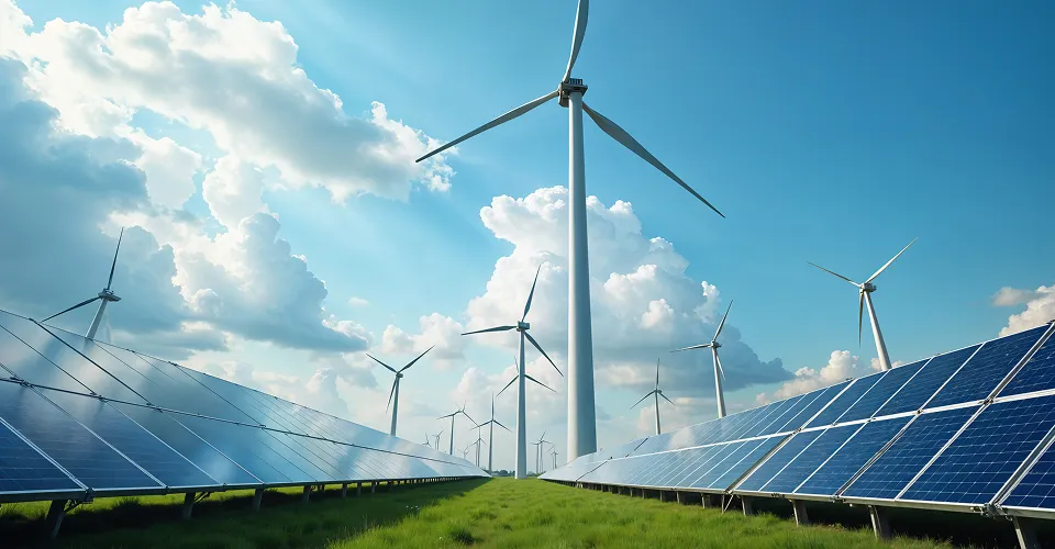 Rows of solar panels on green grass with multiple wind turbines in the background under a partly cloudy blue sky, representing renewable clean power sources.