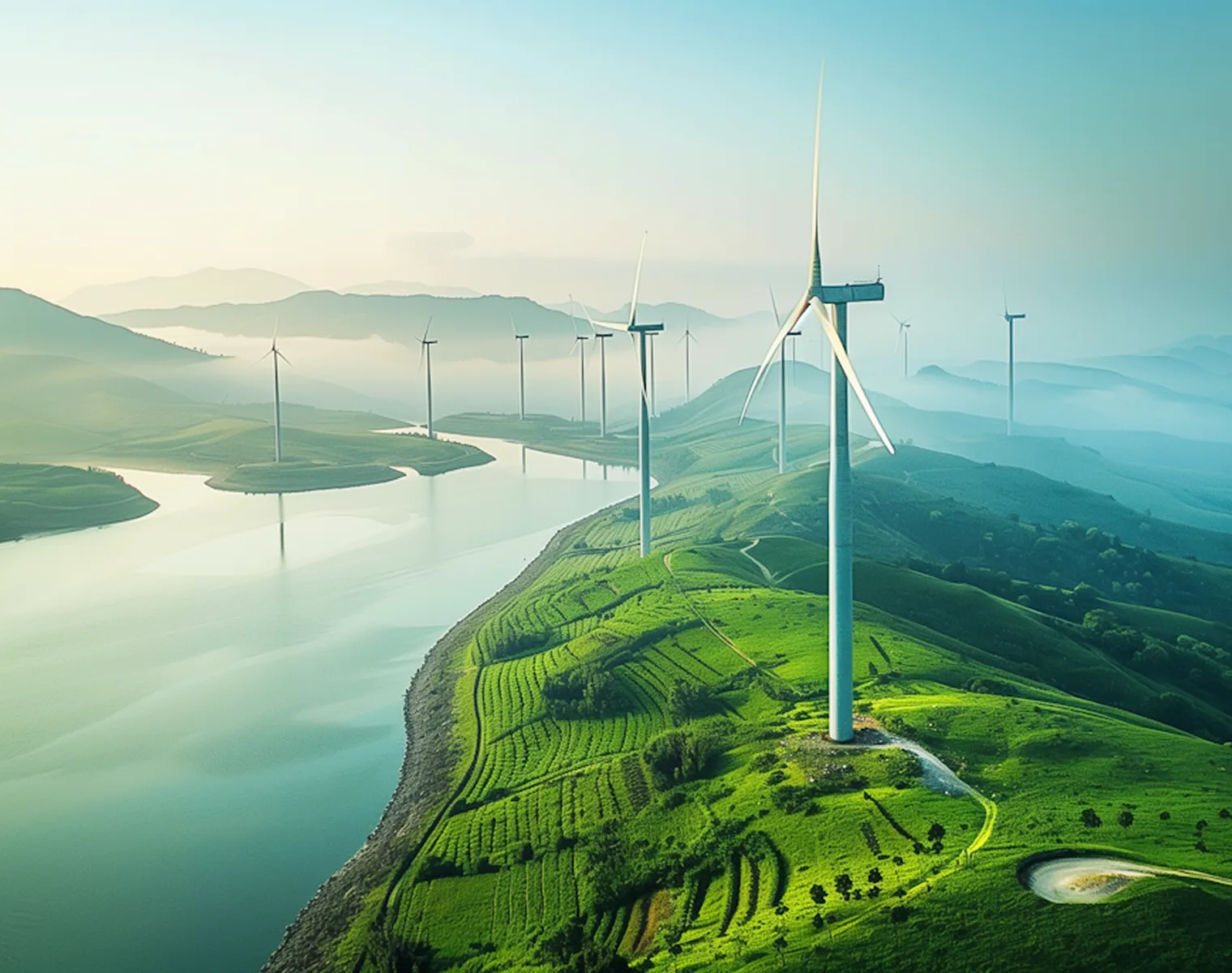 A series of wind turbines on green hills beside a calm river, with mist-covered mountains in the background under a clear sky.