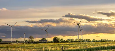 Landscape with a green field and several wind turbines under a cloudy sky during sunset.