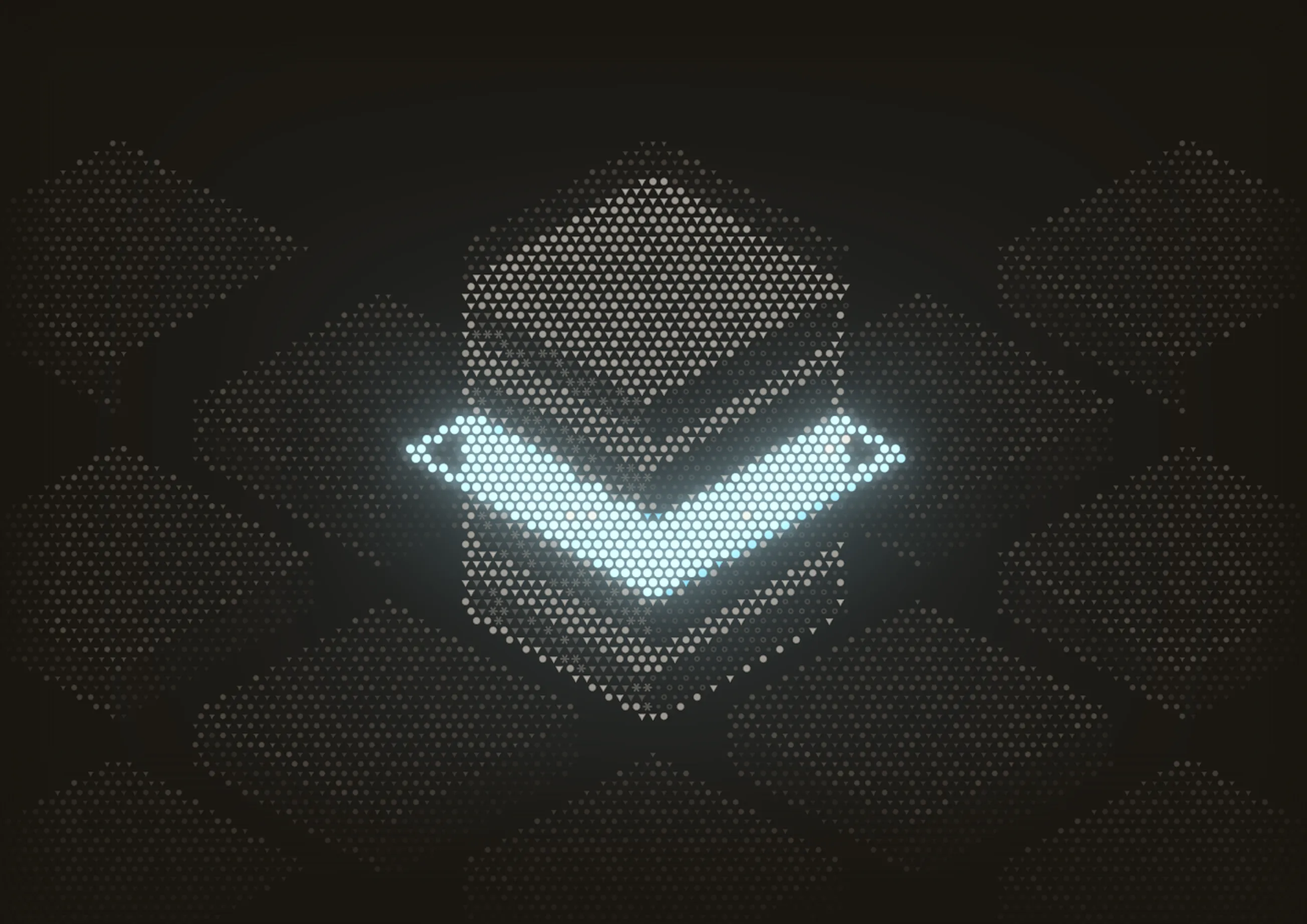 Glowing cyan chevron on a dotted isometric cube
