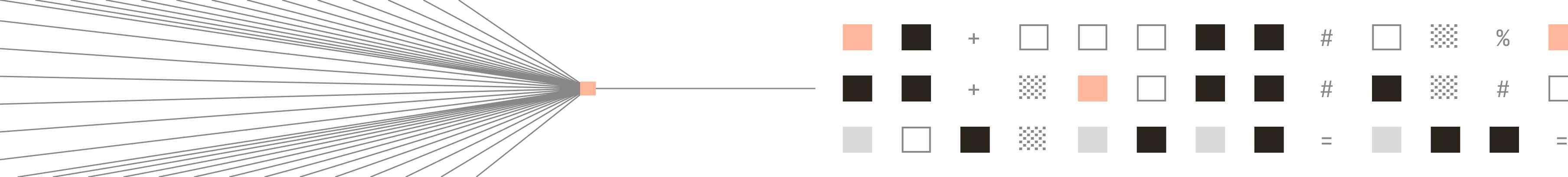 Many input lines converging on a single point beside a grid of marked squares