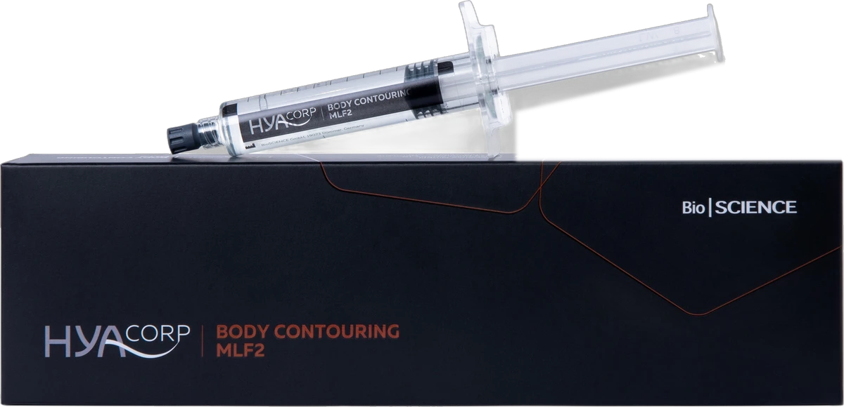 HYAcorp MLF2 hyaluronic acid body filler packaging and syringe