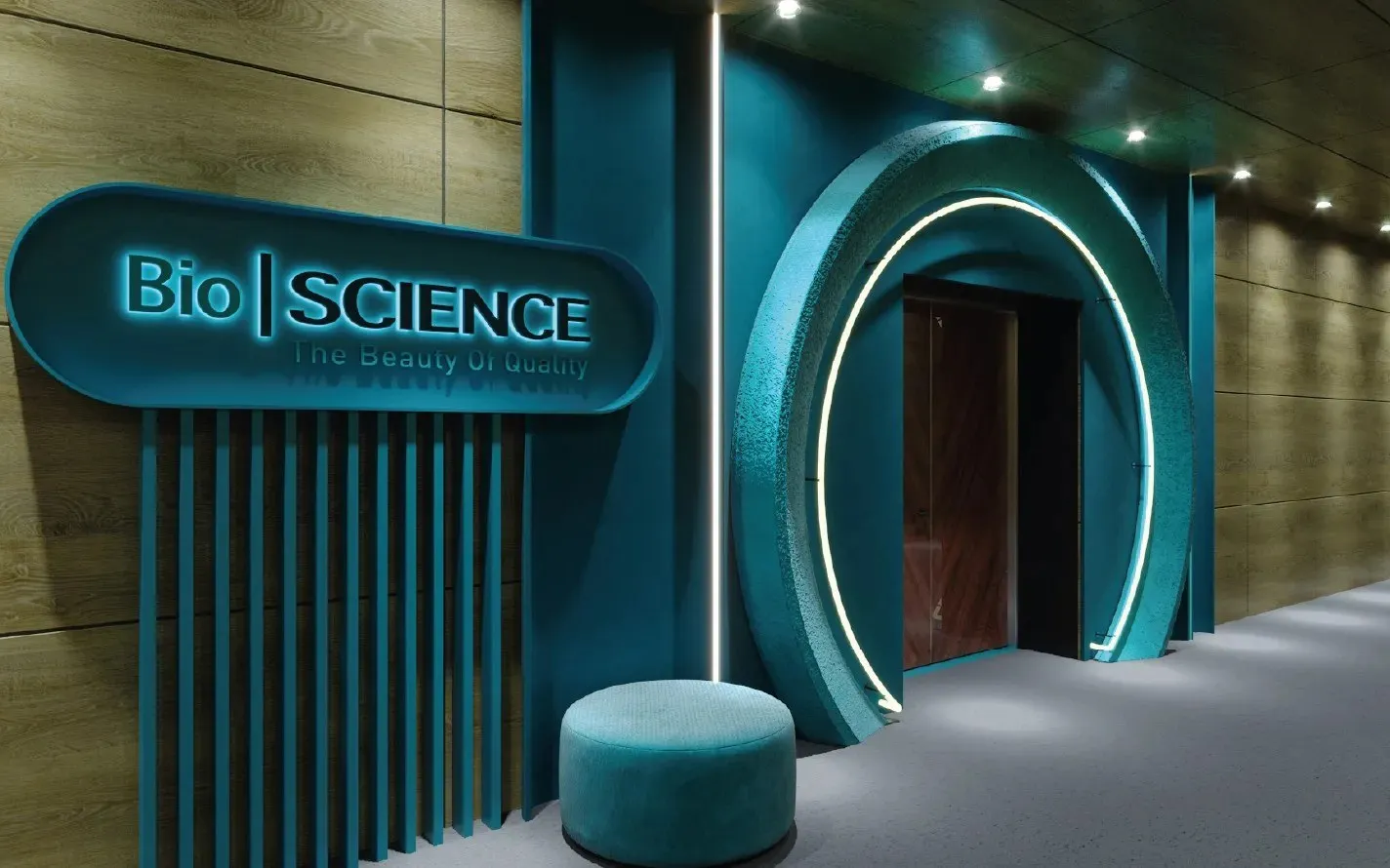 BioScience-branded suite with teal illuminated architecture