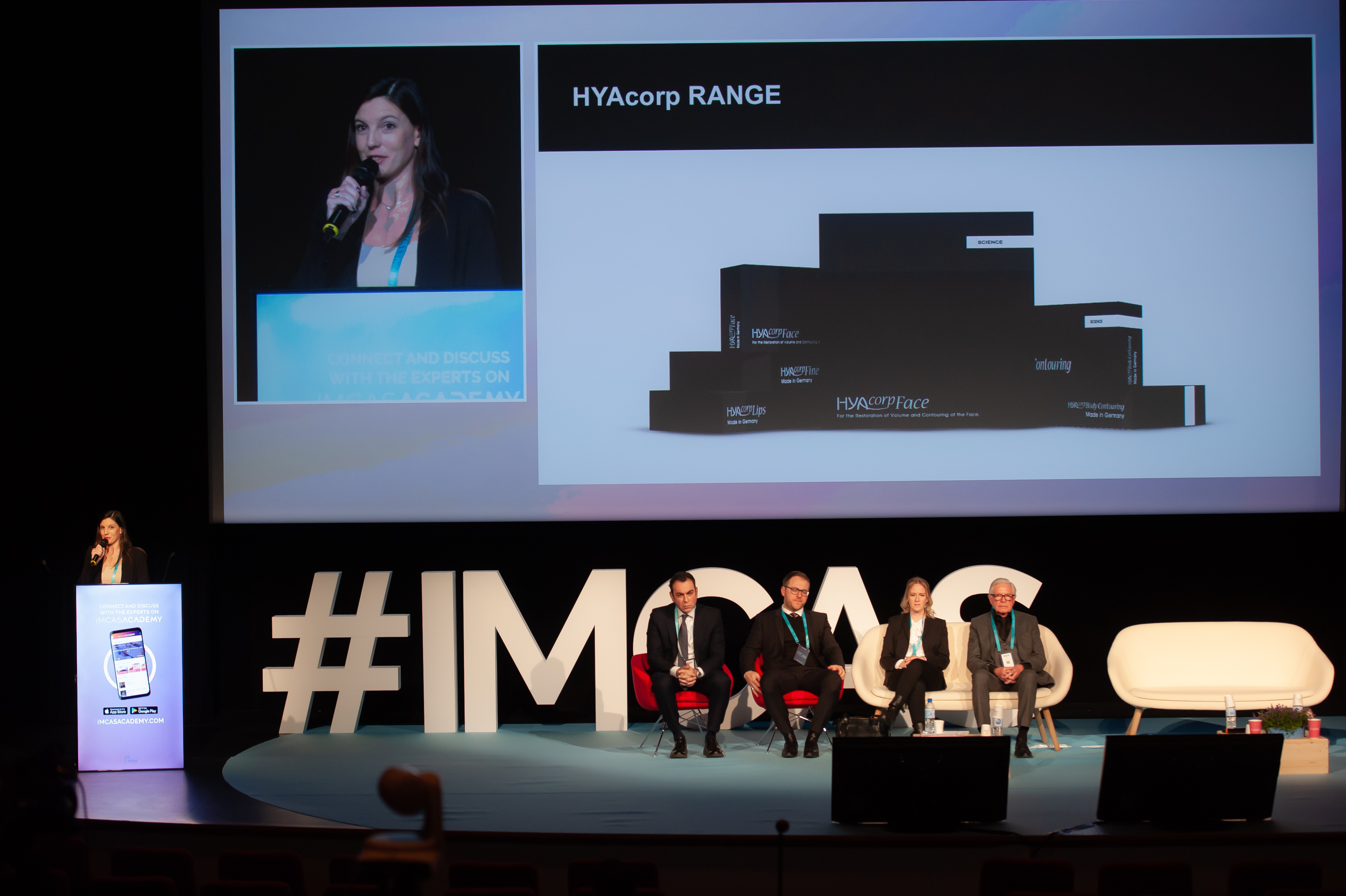 BioScience HYAcorp scientific presentation on an IMCAS congress stage