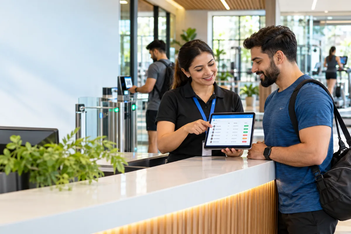Gym front-desk staff member showing a member his membership details on a tablet, with access gates in the background