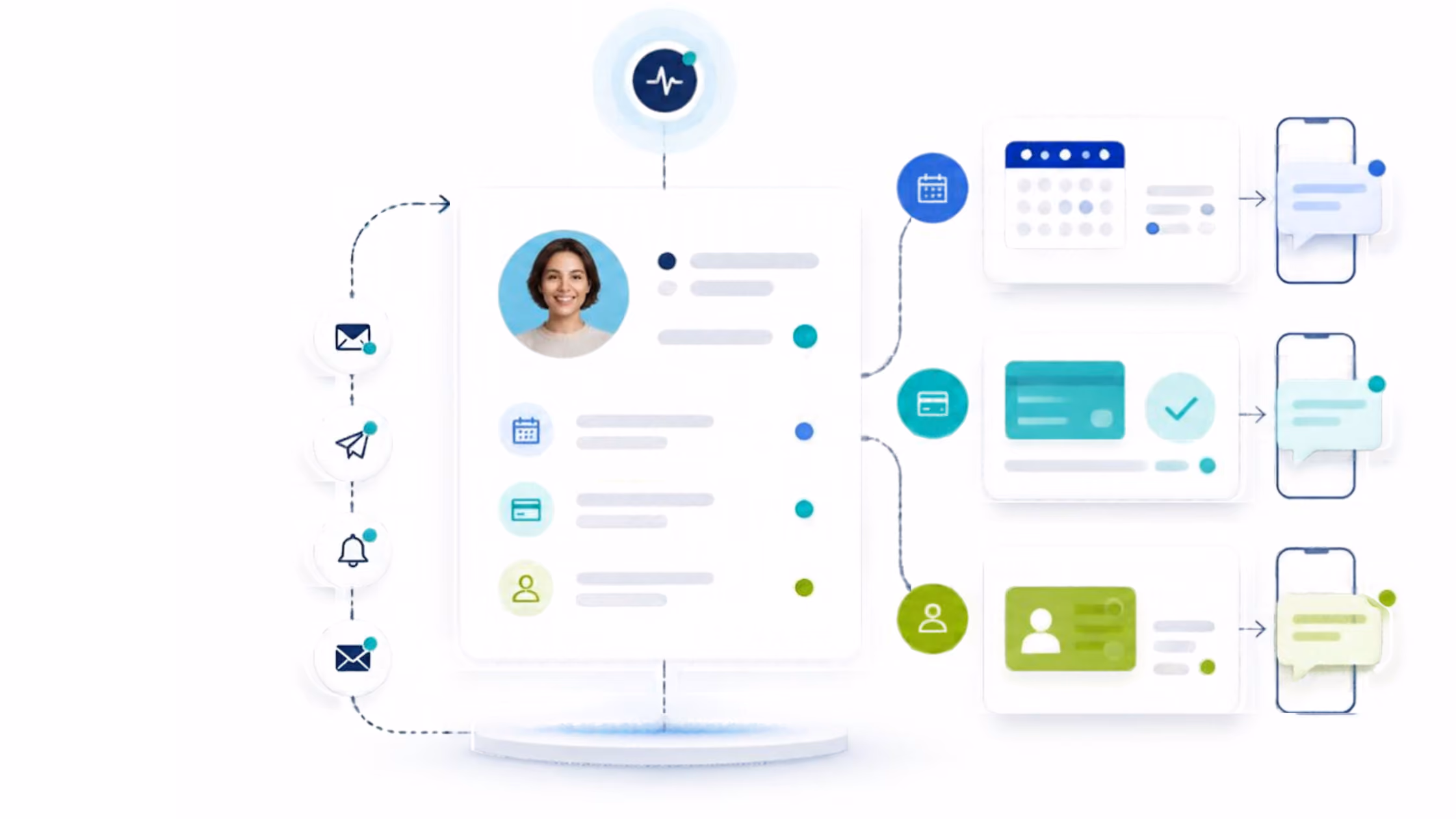 Digital interface illustration showing a profile card with a woman's photo and icons representing health, calendar, credit card, and contact information, connected to message notifications and smartphone screens displaying chat bubbles.